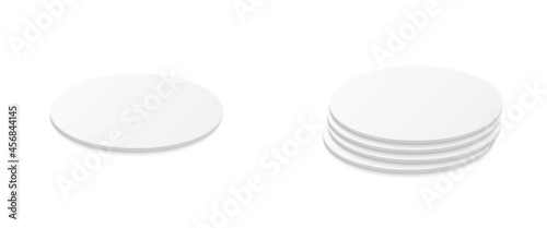 Circle beer coaster. Empty white mockup. Pprotection coaster for beer glasses, tea cups isolated on white background. Branding template vector illustration.