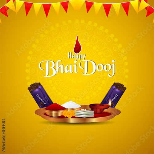 Happy bhai dooj indian festival celebration greeting card with vector pooja thali and sweets