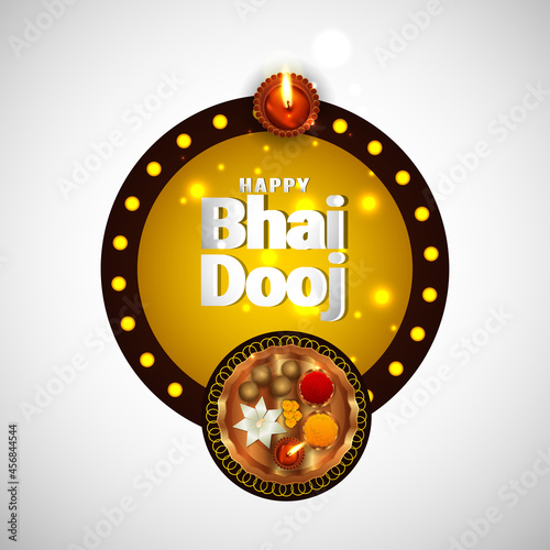 Happy bhai dooj indian festival celebration greeting card with vector pooja thali and sweets