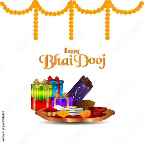Realistic happy bhai dooj celebration greeting card with creative gifts and pooja thali