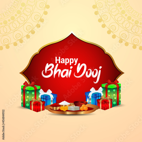 Realistic happy bhai dooj celebration greeting card with creative gifts and pooja thali