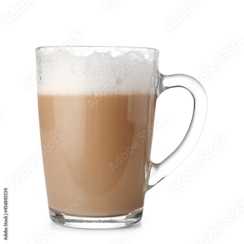 Glass cup of tasty almond latte on white background