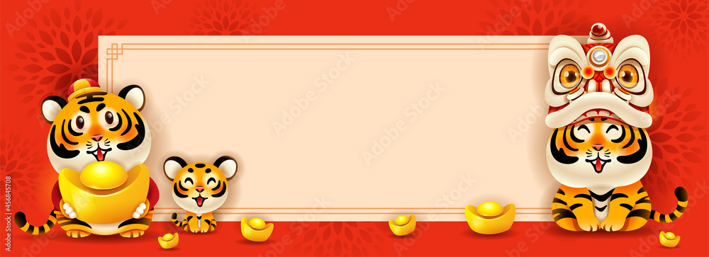 Group of cute tiger on oriental festive theme big banner background. Happy  Chinese New Year 2022. Year of the tiger. Wide copy space for design. Stock  Illustration | Adobe Stock