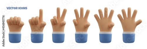 Vector 3d counting hand icon set. Cartoon arms with palms and fingers countdown. Realistic illustration, business clipart isolated on white background