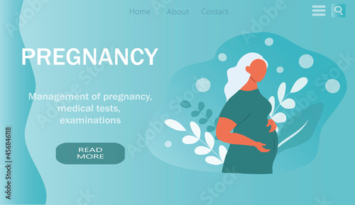 vector hand drawn illustration.  banner for site. pregnant woman hugging her belly. plants next to her. trending flat illustration on pregnancy and motherhood for magazines, websites, apps