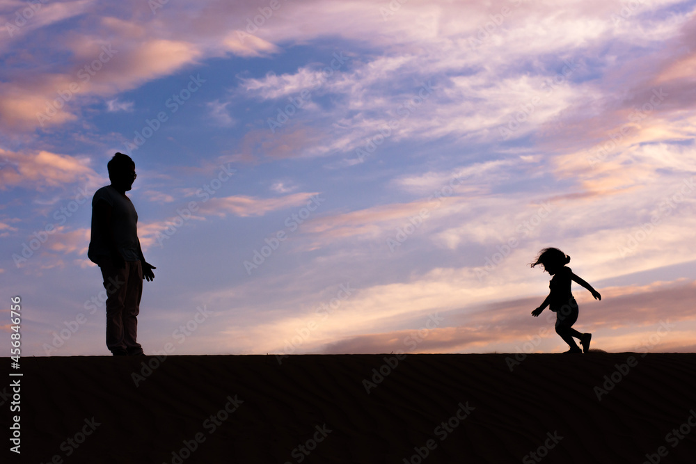 silhouettes of a Daughter runs to her father
