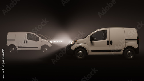 Fototapeta Naklejka Na Ścianę i Meble -  Side View of a White Mini Van with a Convoy of Lined Up Mini Vans in the Background 3D Rendering