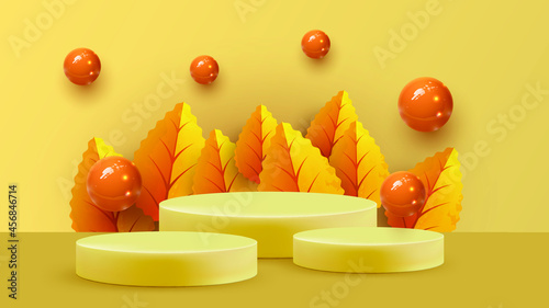 Abstract minimal scene with autumn geometric forms. cylinder podium in orange background with autumn plant leaves. product presentation, mockup, show product, podium, stage pedestal or platform.