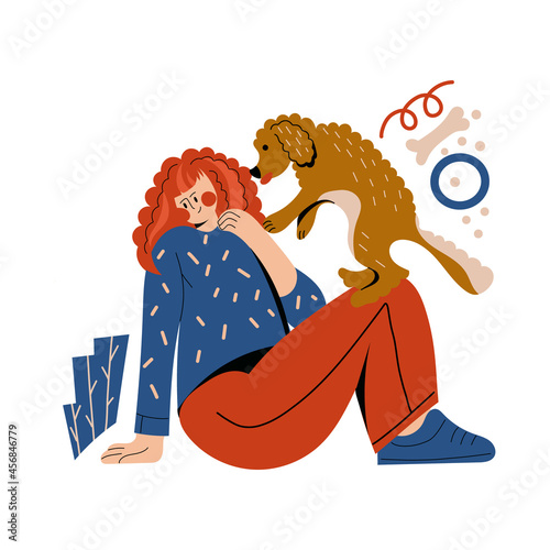 Dog owner girl hug pet vector illustrations.Young woman cuddle with companion puppy. Friendship between teenager and dog. Canine shelter concept. Domestic animal Human best friend. Isolated on white