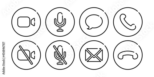 Virtual hangouts icons for conference call. On and off video, sound, message, mail and call icons isolated on white background. Outline vector illustration