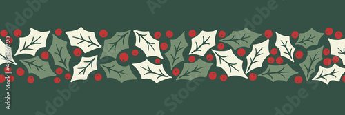 Winter Holidays Holly Foliage and Berries Vector Seamless Horizontal Pattern Border. Modern Christmas Background. Colorful Minimal Hand-Drawn Print. photo
