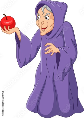 Cartoon old witch holding red apple