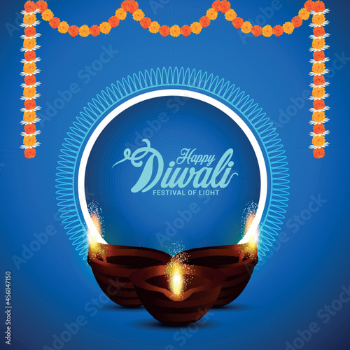 Happy diwali festival of light invitation greeting card with creative diwal idiya oil lamp