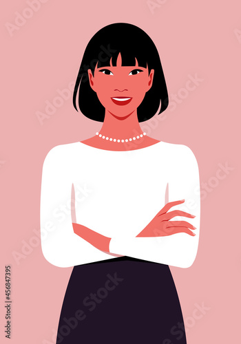 Portrait of a happy Asian woman with crossed arms. Office professions. Vector flat illustration.