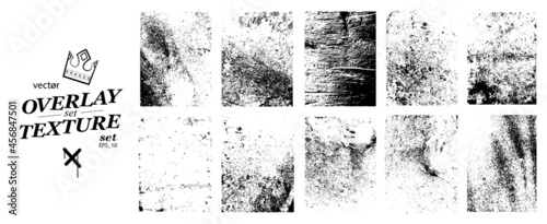 Best Overlay distressed texture set for backdrop. Texture with damage, paint, old, concrete. Stamps texture the contour A4 format. Overlay grainy effect, Dust stamps. Vector set