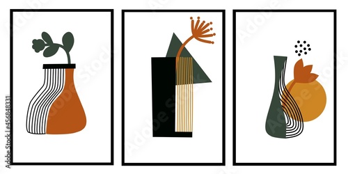 Three set of flowers in vase wall art. Pot wall decor. Mid century modern wall decorations.
