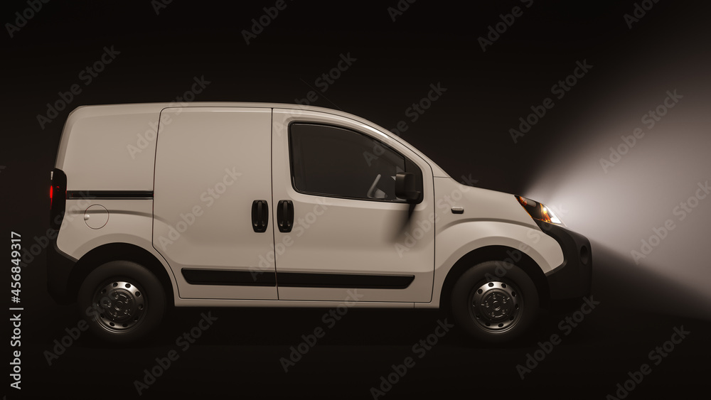 Side View of a White Mini Van on a Dark Background 3D Rendering
