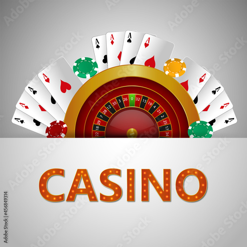 Casino gambling game with creative illustration with roulette wheel with playing card