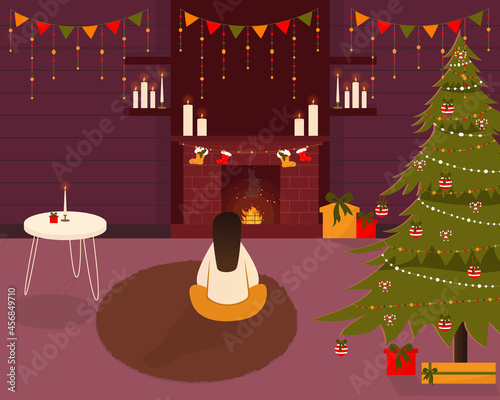 Christmas room decor with fireplace and girl. Cozy christmas interior with fir-tree, presents, garlands. Eps 10.