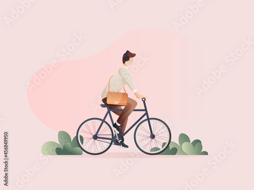 Fototapeta Naklejka Na Ścianę i Meble -  Man carrying a bag while riding a bicycle. Flat design Illustration about rides a bike.