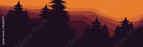 sunset in mountain forest  flat design vector banner template good for web banner  ads banner  tourism banner  wallpaper  background template  and adventure design backdrop