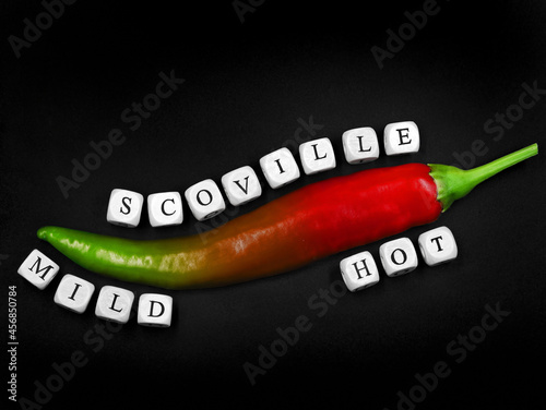 top view of a chilli with different degrees of ripeness on black background, from mild green to hot red, scoville described with white letter cubes photo