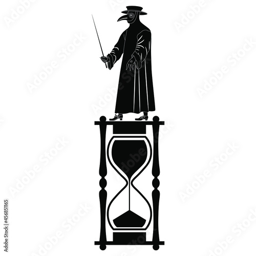 Medieval plague doctor standing on top of hourglass. Black and white negative silhouette. Creative concept.