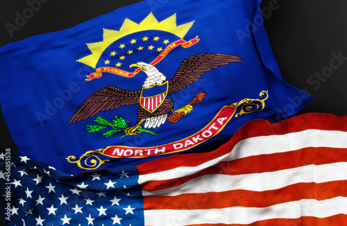 Flag of North Dakota along with a flag of the United States of America as a symbol of unity between them, 3d illustration