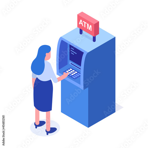 ATM concept. Woman standing near ATM machine. Isometric web banner. Vector illustration.