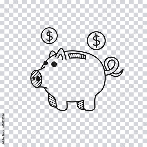 Hand drawn piggy bank isolated on transparent background. Vector illustration.
