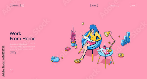 Work from home banner. Concept of freelance, online business, remote job. Vector landing page of distance work at home office with cartoon illustration of woman sitting in chair with laptop