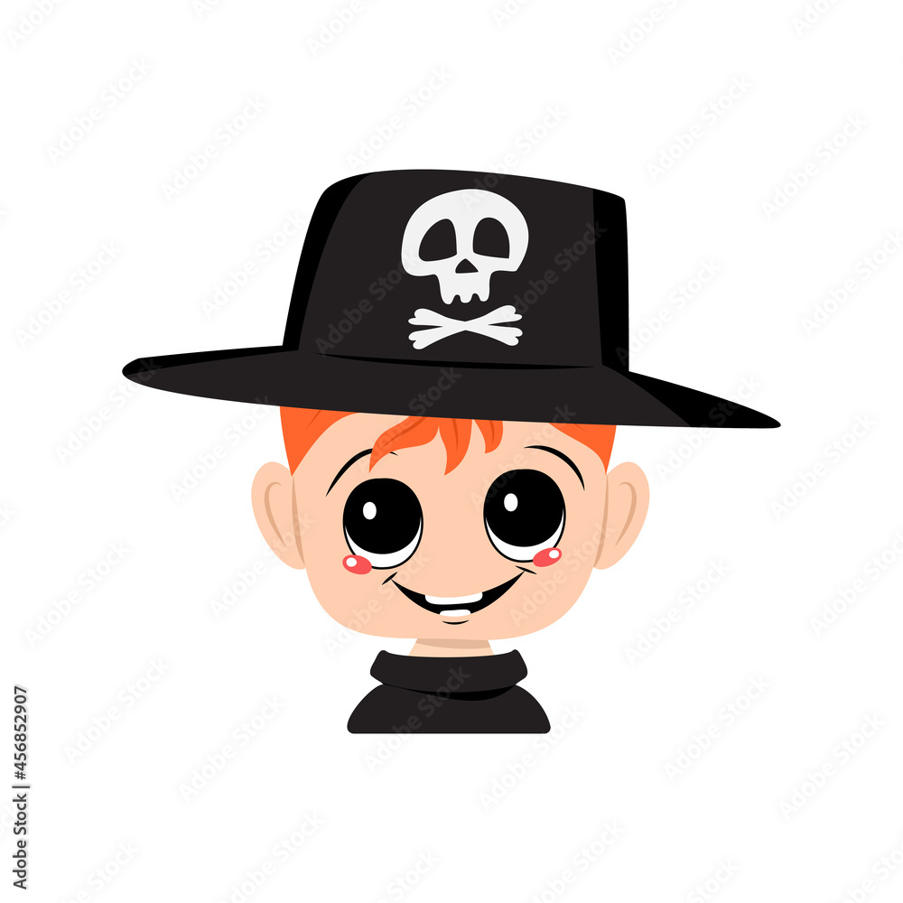 Avatar of a boy with red hair, big eyes and a wide happy smile wearing a hat with a skull. The head of a child with a joyful face. Halloween party decoration