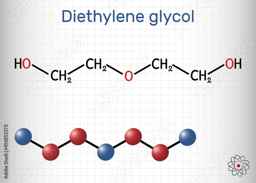 Diethylene glycol, DEG molecule. It is diol, solvent. Structural chemical formula and molecule model. Sheet of paper in a cage photo