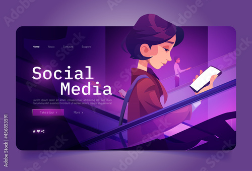 Social media cartoon landing page  woman with smartphone on escalator in mall. Moving staircase  automatic ladder carrying people up and down Girl with phone on elevator  Cartoon vector web banner