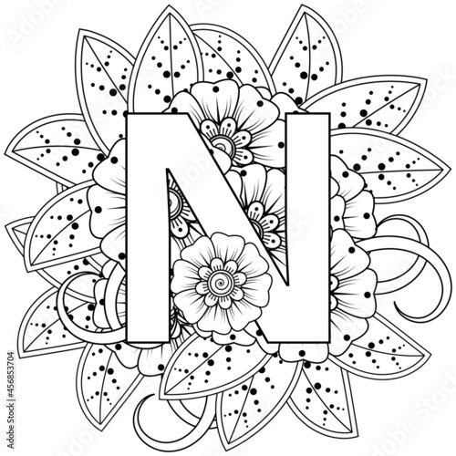 Letter N with Mehndi flower. decorative ornament in ethnic oriental style. coloring book page. 