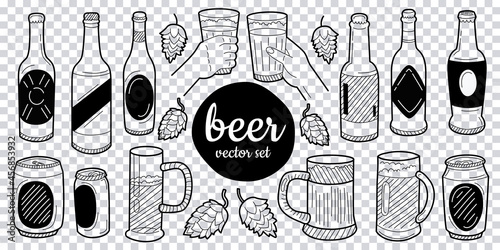 Set of beer glasses and mugs in ink hand drawn style. Isolated on transparent background. Vector.