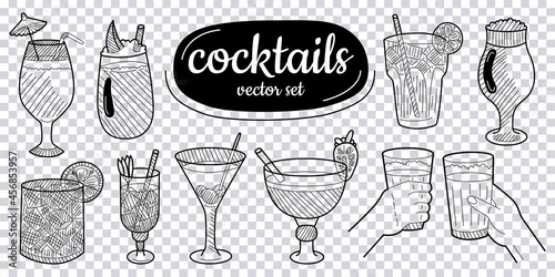 Sketch cocktails, alcohol drinks set. Hand drawn vector illustration. Isolated on transparent background. Vector illustration.