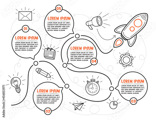 Hand drawn multipurpose infographic template with rocket. Five steps with text boxes can be used for timeline on white background. Vector illustration.
