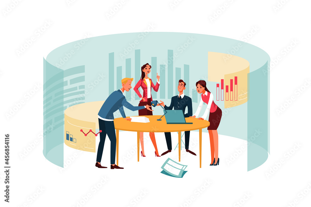 Team works in the office for laptops. Concept workplace, group with woman, girl, and man. Team works in the office for laptops. Concept workplace, group with woman, girl, and man.