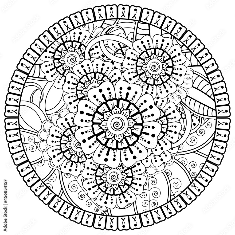 Circular pattern in the form of mandala with flower for henna, mehndi, tattoo, decoration. 