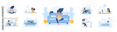 Work from home. Set of women freelancer. Concept illustration for online working, studying, shopping, education. Girls with laptops chatting and blogging. Vector illustration in flat cartoon style.