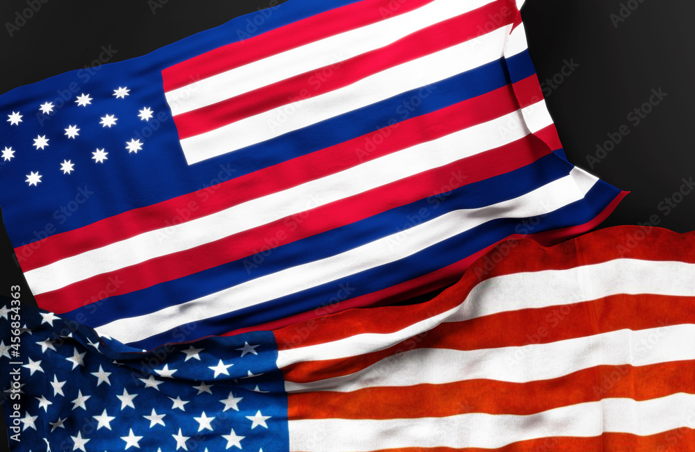 Obraz premium Flag of Serapis along with a flag of the United States of America as a symbol of unity between them, 3d illustration