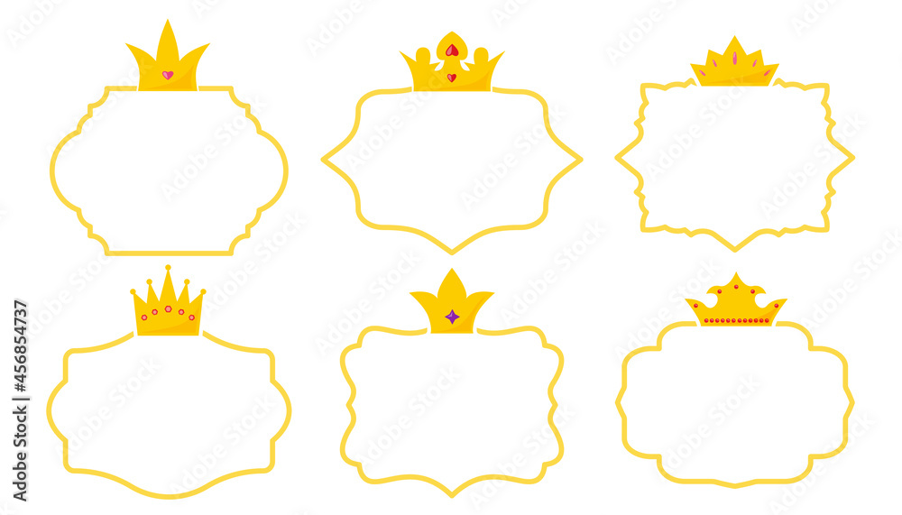 Crowns with precious stones set templates gold line, frames, price tags, vintage elements. Collection of objects for decoration and design isolated on white background. Vector illustration Crowns with precious stones set templates gold line, frames, price tags, vintage elements. Collection of objects for decoration and design isolated on white background. Vector illustration