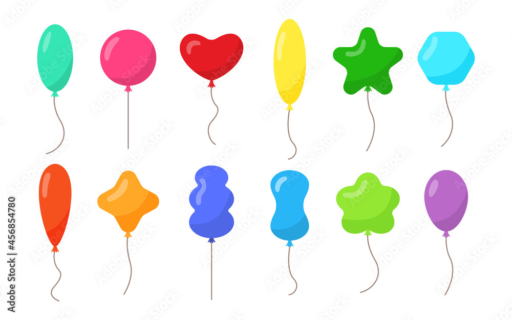 Balloon flat style set. Decor for birthday, party. Flying balls with rope. Colorful balloons isolated on white background. Cartoon object for celebration, advertising, anniversary. Vector illustration