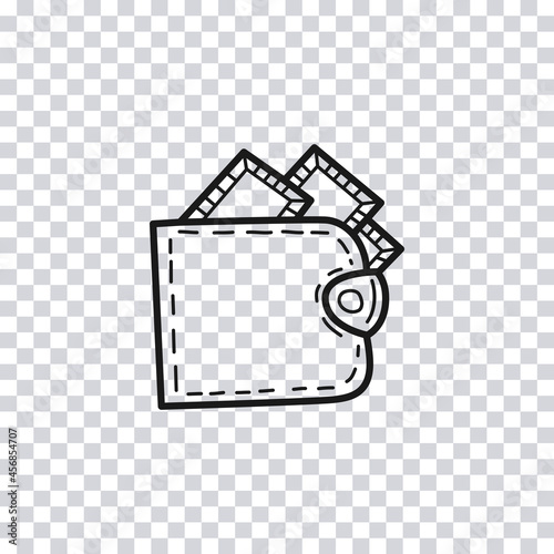 Hand drawn Wallet and Money isolated on transparent background. Vector illustration.