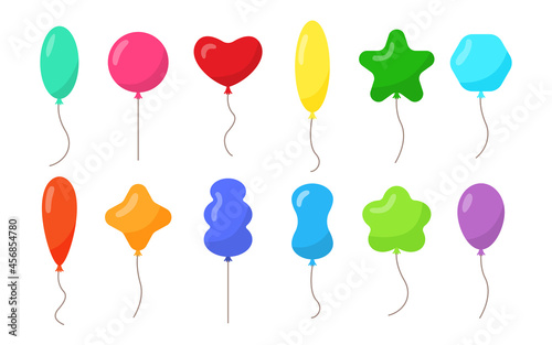 Balloon flat style set. Decor for birthday  party. Flying balls with rope. Colorful balloons isolated on white background. Cartoon object for celebration  advertising  anniversary. Vector illustration