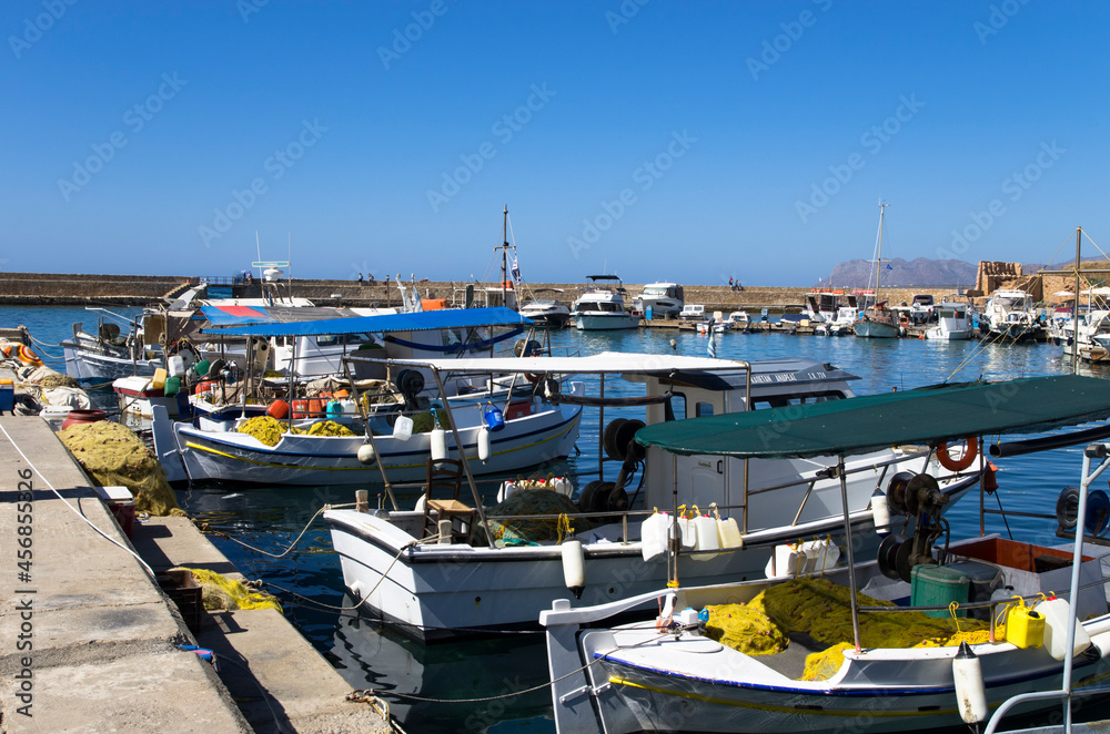 Fishing boats in the port of Greece, landscape