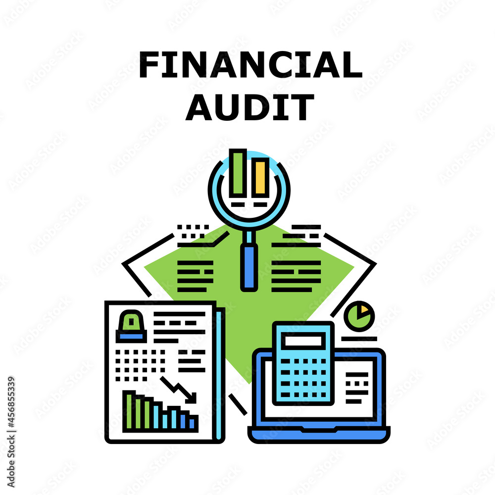 Financial Audit Vector Icon Concept. Financial Audit And Annual Finance Report Calculating Accountant With Calculator Electronic Device. Balance Sheet And Income Statement Color Illustration