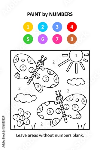 Paint by numbers, or color by code, else color by number, activity page for kids. Butterflies in spring or summer.