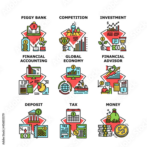 Financial Advisor Set Icons Vector Illustrations. Financial Advisor And Economy Competition, Money Deposit And Tax, Finance Accounting And Piggy Bank. Money Investment Color Illustrations